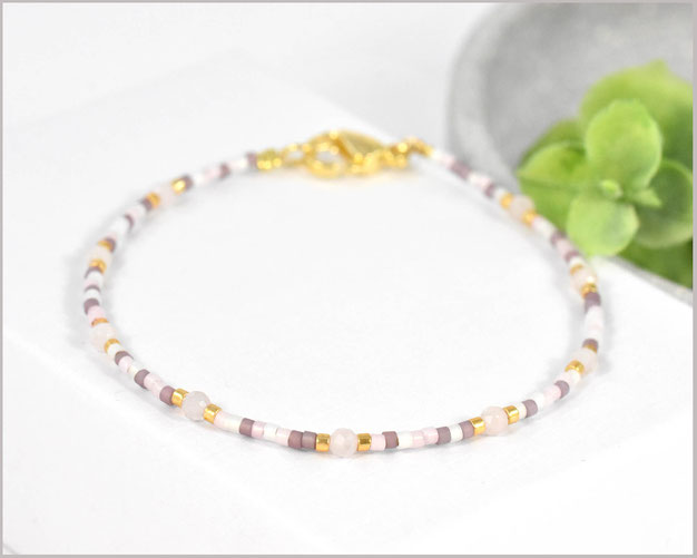 Rosenquarz Edelstein Armband mit 3 mm Steinen und Miyuki Perlen Mix