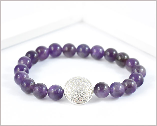 Amethyst Edelstein Armband 8 mm mit Blume des Lebens