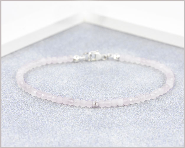 Rosenquarz Armband 3 mm mit 925 Silber