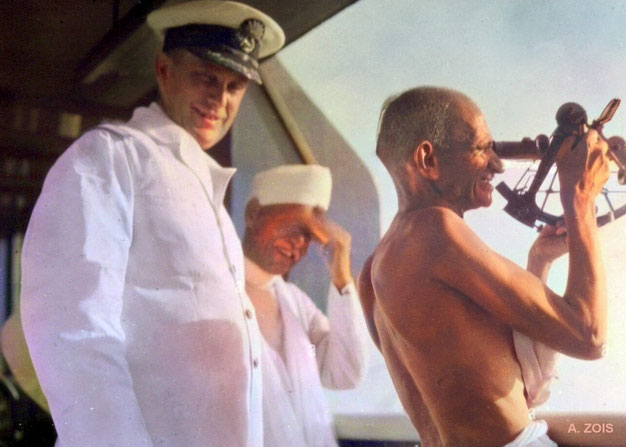 1931 : SS Rajputana's Captain Morton showing Mahatam Gandhi a navigational instrument on the same voyage to Europe. Image rendition by Anthony Zois.