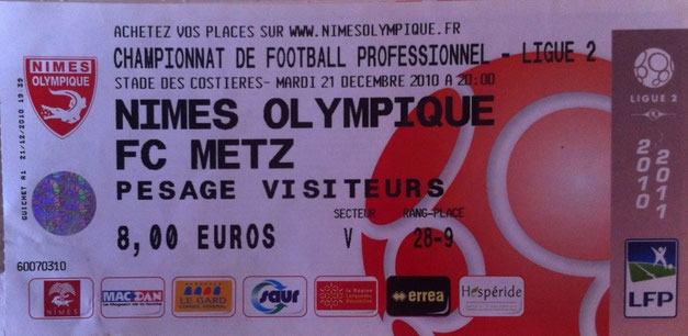 21 déc. 2010: Nîmes Olympique - FC Metz - 19ème Journée - Championnat de France (2/0 - 6.684 spect.)