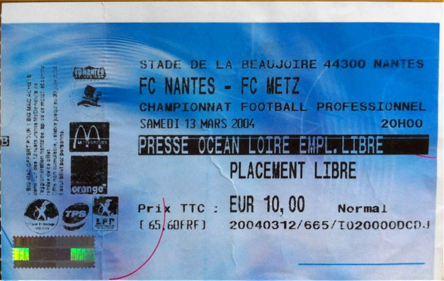 13 mars 2004: FC Nantes - FC Metz - 28ème Journée - Championnat de France (2/2 - 27.389 spect.)