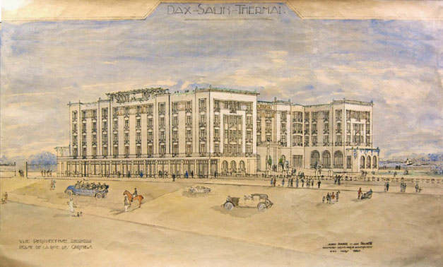 Perspective réalisée à l'aquarelle en 1927 par Albert Pomade et Jean Prunetti, architectes DPLG, en vue de la construction du nouvel hôtel thermal.