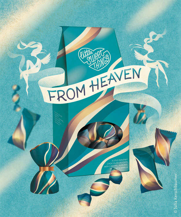 packaging design with hand lettering logo saying little sweet things and a ribbon with lettering from heaven and angels on it and chocolate candies