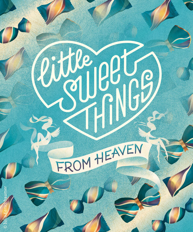 heart shaped hand lettering logo saying little sweet things and a ribbon with lettering from heaven and chocolate candy wrappers