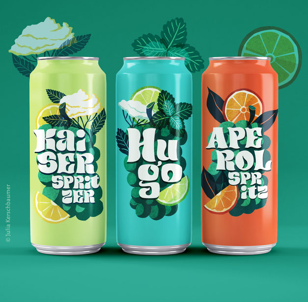 Can design for traditional Austrian premixed summer drinks with illustrations and hand lettering, designed by Julia Kerschbaumer