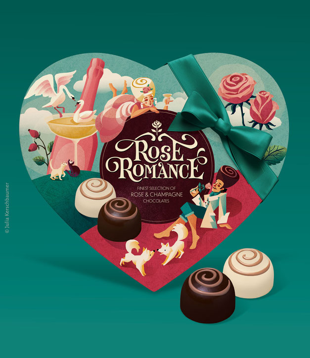 Box of Chocolates with an illustration in pink and gold tones with the hand lettered title Rose Romance and a romantic scene with two lovers, roses, dogs, champagne, swans and cats