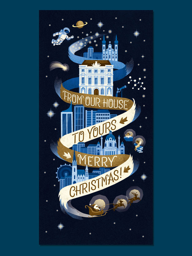 Banner saying From our house to yours - merry Christmas, which winds its way through Vienna's houses, ending as a stream of air from Santa's sleigh, in front of a starry sky.