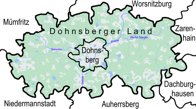 Karte der Flüsse (Dohne, Damlitz und Weiße Stiegitz) sowie angrenzender Lnadkreise (Mümfritz, Worsnitzburg, Zarenhain, Auherrsberg und Niedermannstadt)