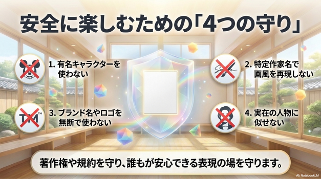 AIアート講師は、作品づくりの楽しさだけでなく、公開・販売時の注意点も伝える必要があります。  特に、次の内容は初心者にも分かりやすく説明できることが大切です。