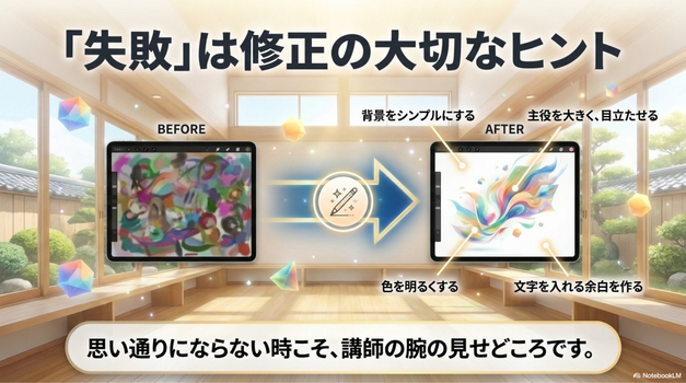 AIアート講座では、受講者が実際に画像を生成しながら学ぶことが多くあります。  講師は、生成結果を見ながら次のようなサポートをします。