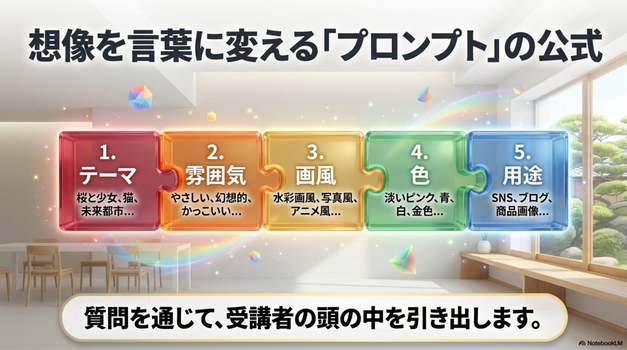 AIアート講師にとって、プロンプトの教え方は重要です。  プロンプトとは、AIに作りたい画像を伝えるための指示文です。