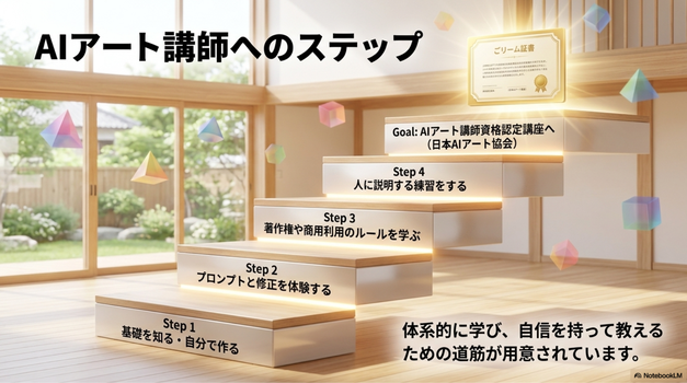 AIアート講師を目指すなら、  まずは自分でAIアートを作り、  作品づくりの流れを体験することが大切です。