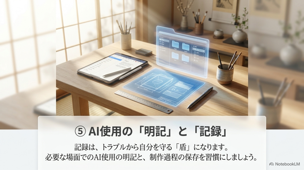 AIアートを商用利用する場合、AIを使ったことを表示するか、制作記録を残すかも重要です。
