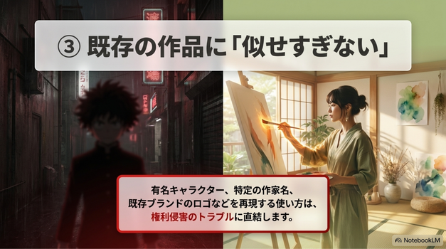 AIアートを商用利用する際に、特に注意したいのが既存作品との類似です。