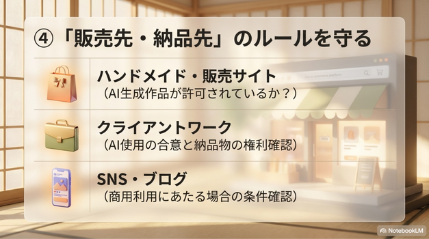 AIアートを商用利用するときは、AIサービスの規約だけでなく、販売先や使用先のルールも確認しましょう。
