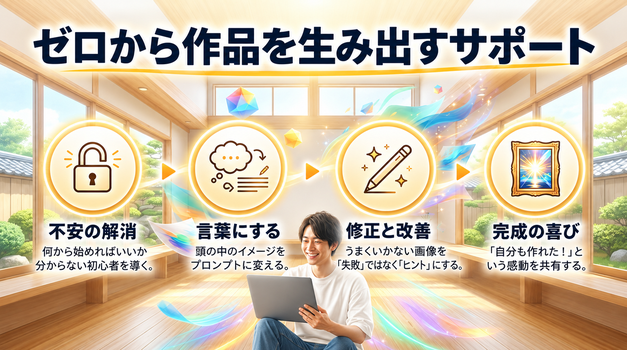 AIアート講師の仕事は、講座やワークショップでAIアートの作り方を教えることです。  ただし、実際の仕事内容は幅広く、教える前の準備から、講座後のフォローまで含まれます。