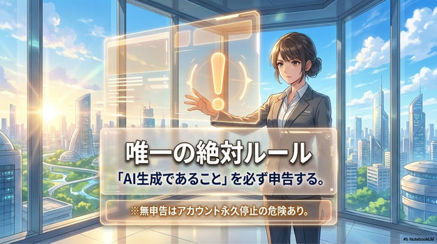 各プラットフォームへの「AI生成素材」としての申告が必須で、  申告なしでの販売は規約違反になります。