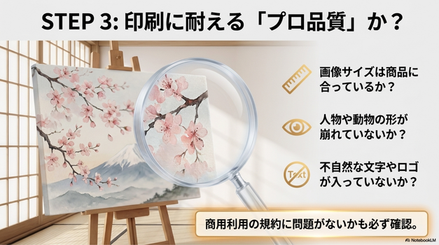 AI画像を商品にする前に、印刷に向いているかを確認します。