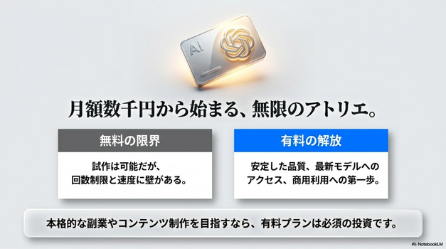 ChatGPTは無料プランでも一部機能を使える場合がありますが、  画像生成の回数、速度、利用できるモデル、  混雑時の安定性はプランによって変わります。