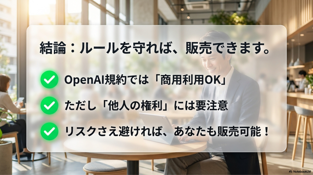 ChatGPTの生成画像は、規約に従えば商用利用・販売が可能です 著作権・商標権・肖像権を侵害する画像は販売できません 日本の著作権法ではAI画像の権利の扱いはケースにより異なります 販売前に著作権・商標リスクの確認が重要です  確認には「著作権・商標リスクチェックAIツール」がおすすめです