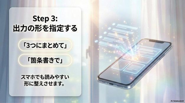 出力の形を指定する（箇条書き、文字数など）
