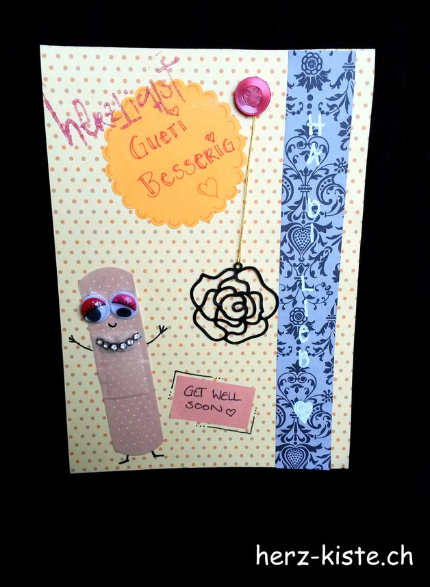 Karte: Gute Besserung mit einem Pflastermännchen und Scrapbooking Elementen