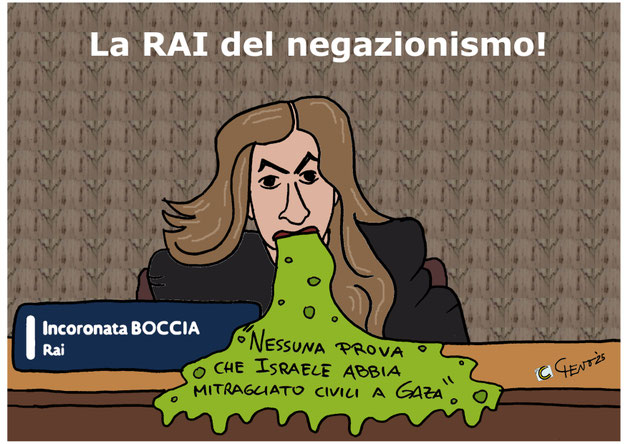 "Non c’è nessuna prova che Israele abbia mitragliato civili a Gaza", sono le dichiarazioni shock pronunciate dalla giornalista Incoronata Boccia, direttrice dell’Ufficio Stampa della Rai. "La RAI del negazionismo" by ©Chenzo