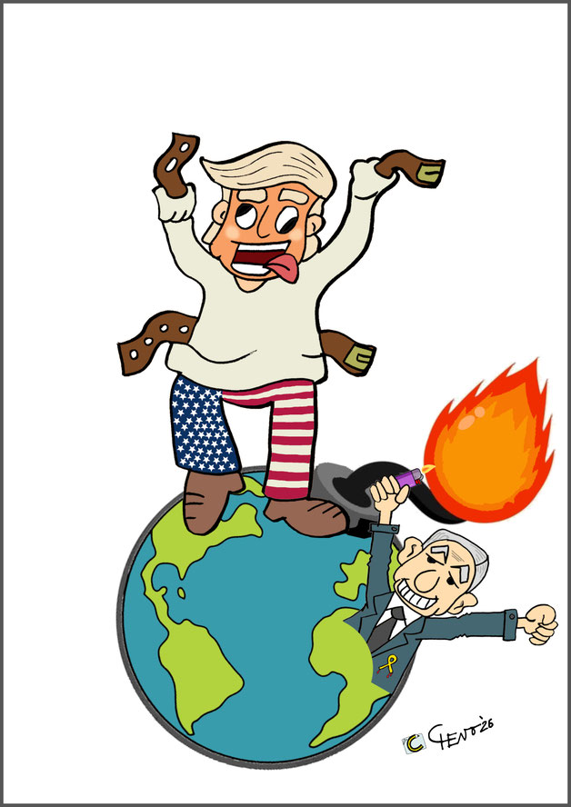 Il pazzo guerrafondaio Donald Trump si è fatto trascinare in una guerra di interessi dal ricercato per crimini di guerra, sionista e nazista Benjamin Netanyahu. Auguri mondo! "La miccia è accesa"by ©️Chenzo