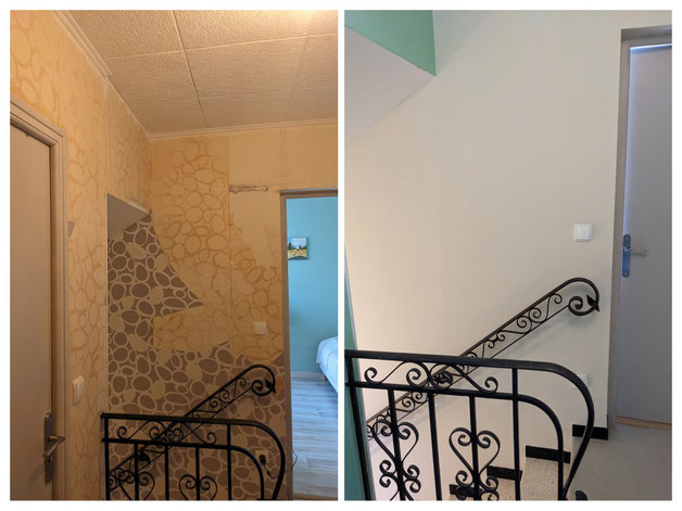 Travaux de rénovation d'une cage d'escalier avec retrait du papier peint, pose d'une toile de rénovation et peinture des murs par un artisan peintre en bâtiment.