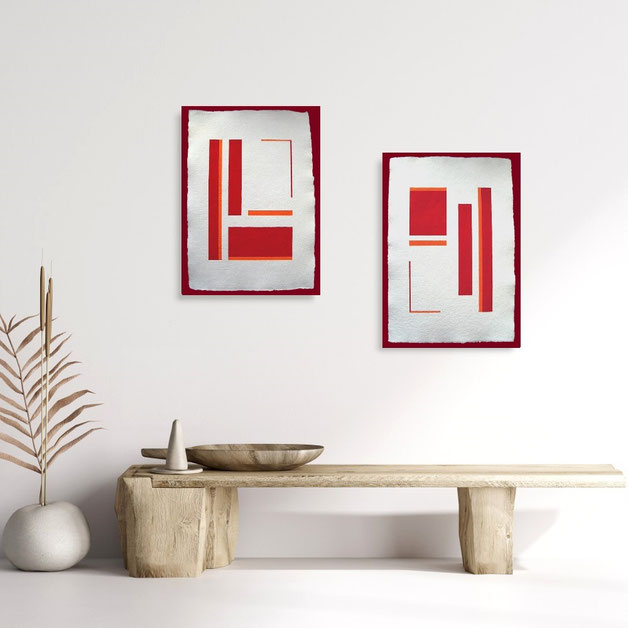 Minimalistische, abstrakte Farbfeldmalerei auf Büttenkarton in Rot und Orange.