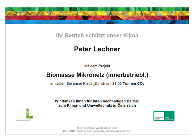 Zertifikat des Biomasse Mikronetz von der Förderstelle KPC