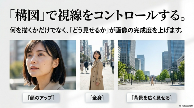 プロンプトでは、何を描くかだけでなく、  どう見せるかも大切です。