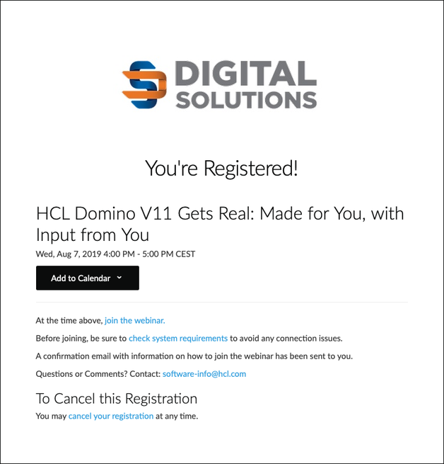 Webcast: HCL Domino V11 Gets Real - erfolgreiche Anmeldung