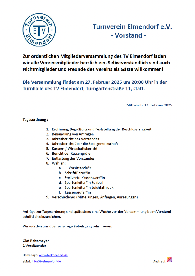 Einladung Mitgliederversammlung TV Elmendorf 2025