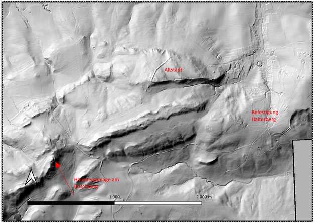 Laserscan des Gebietes um die Altstadt. Gekennzeichnet sind die Befestigungen am Halterberg sowie die Hausberganlage am Buschberg. Der Oberleiserberg liegt knapp außerhalb des Ausschnittes im Südwesten.