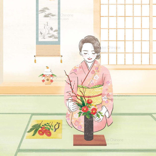 和室で花を生けている着物を着ている女性のイラスト