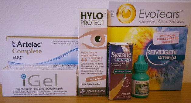 Augentropfen gegen Trockene Augen, verschiedene künstliche Tränen (Sicca Syndrom)