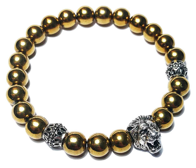 Lion (gold) gemstone beads bracelet with 925 sterling silver made by BeHero