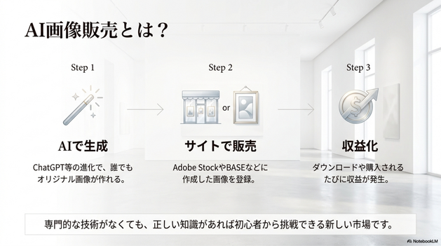 AI画像販売とは、  AIを使って作成した画像を販売し、  収益を得る方法です。