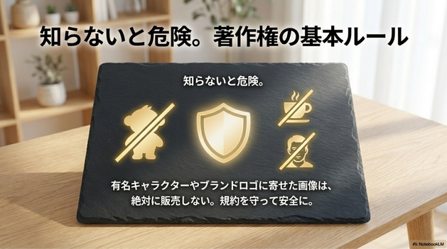 使用するAIツールの利用規約、  販売先のガイドライン、著作権、商標権、肖像権などを確認する必要があります。