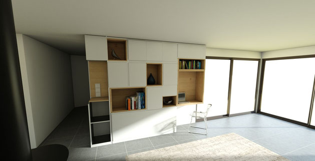 Architecture interieure decoration agencement la maison 17 quimper finistere  mobilier sur mesure bibliotheque mélaminé chêne coin bureau 