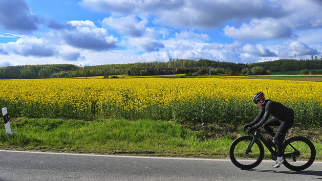 Fotogarfiewelten, Streetfotografie, Landschaft, Natur, Dreihausen, Frühling, Frühlingsgefühle, Raps, Landwirtschaft, Himmel,Fahrrad, Fahrradfahrerin