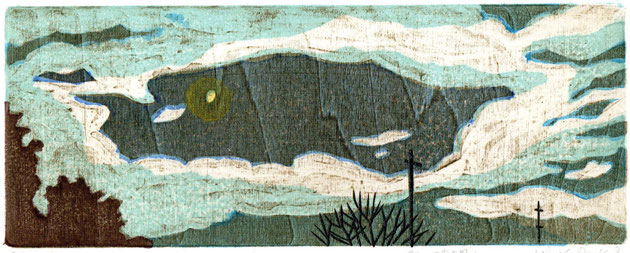 「雲の隙間に」　木版画　9.5ｘ24.2cm