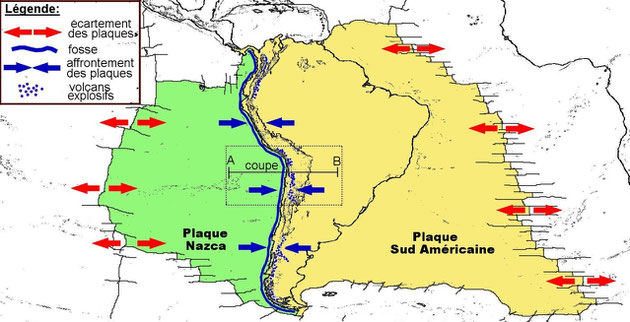 Détails des plaques Am. du Sud et Nazca. On observe, en bleu, les mouvements de convergence entre ces 2 plaques. Sources: http://www.pedagogie.ac-nantes.fr/1232098463310/0/fiche___ressourcepedagogique/