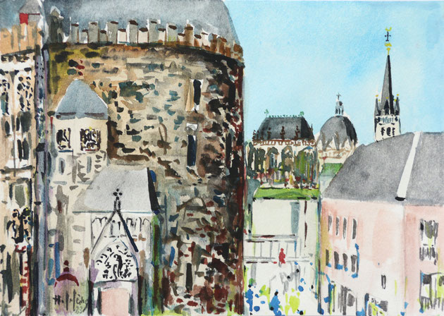 "Rathaus Aachen, Marktturm und Blick auf den Dom" (Aquarell), 24 x 17 cm