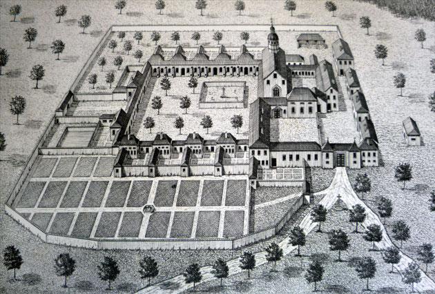 Gravure tirée d'un tableau du 18ème siècle conservé à la grande Chartreuse. Elle donne une idée de l'importance de cette chartreuse