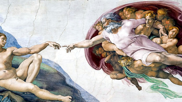 Focus sur la fresque du "Jugement dernier" ornant le plafond de la chapelle Sixtine (Vatican), peint par Michel-Ange, en 1541.