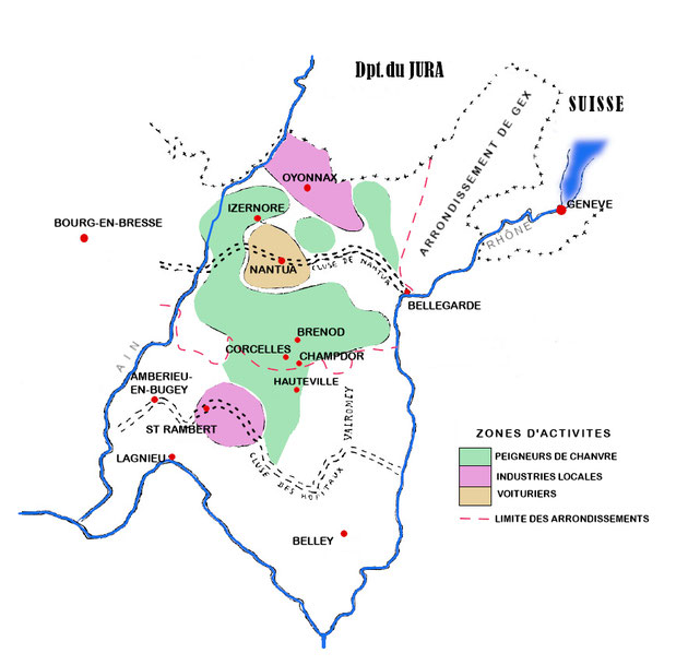 Carte actualisée figurant les secteurs d'activités du Bugey au XIXe siècle. (D'après une carte illustrant un article d'Abel Chatelain [2], in Procès-verbaux du Cercle d'études géographiques de la Société de géographie de Lyon, n° 6, 1946).