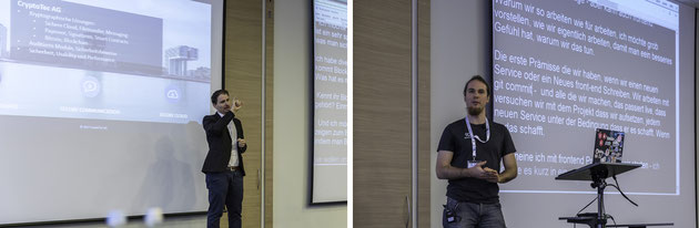 DeafIT: Left: Matthias Stommel with Blockchain - Right: Nepomuk Seiler with „master branch“ und „continuous deployment“ 